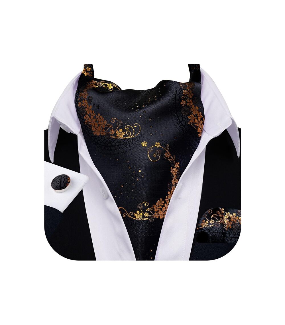 2861 Ascot Tie Cravat Floral Black Gold Scarf Self Ties Pocket Square